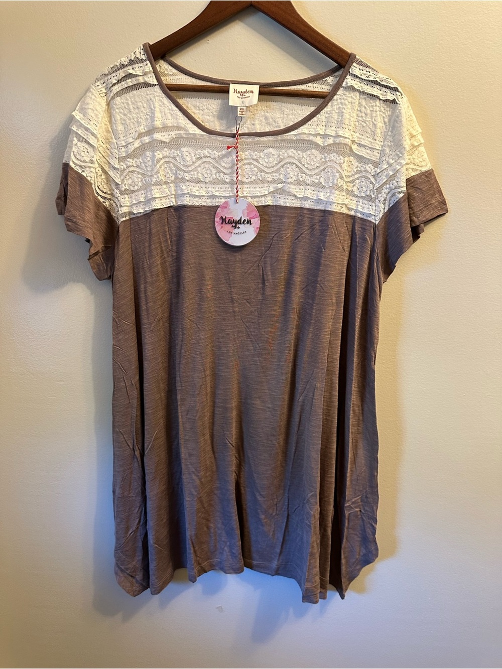#370 Hayden Taupe Scoop Neck Top with White Lace Yoke